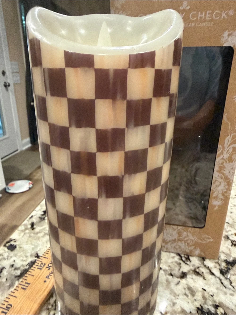 MacKenzie-Childs Brown and Cream Courtly Check Pillar Candle.   Does not light
